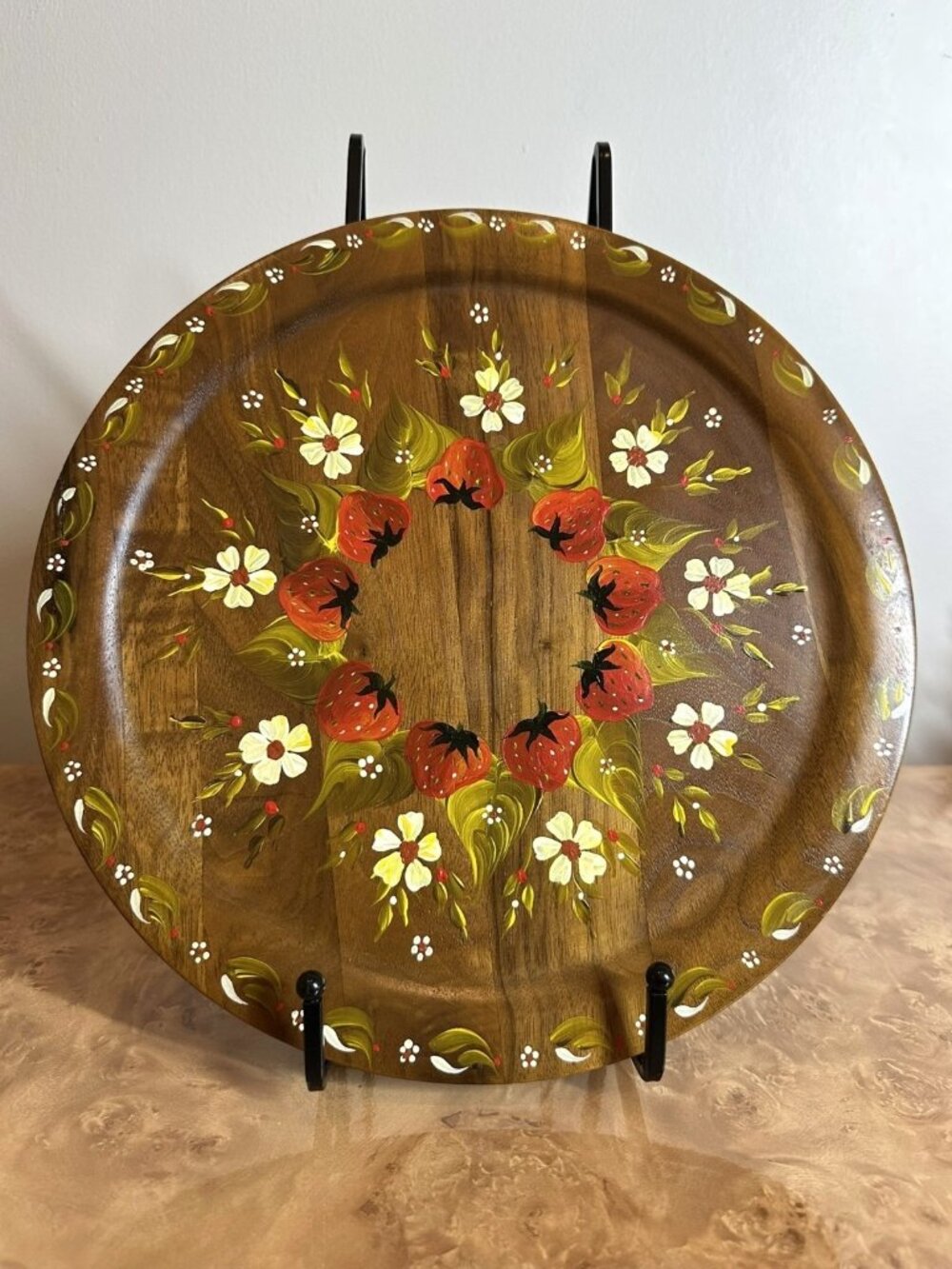 Vintage Hand Painted Wood Strawberry Floral Tole Tray Platter 12" Folk Art